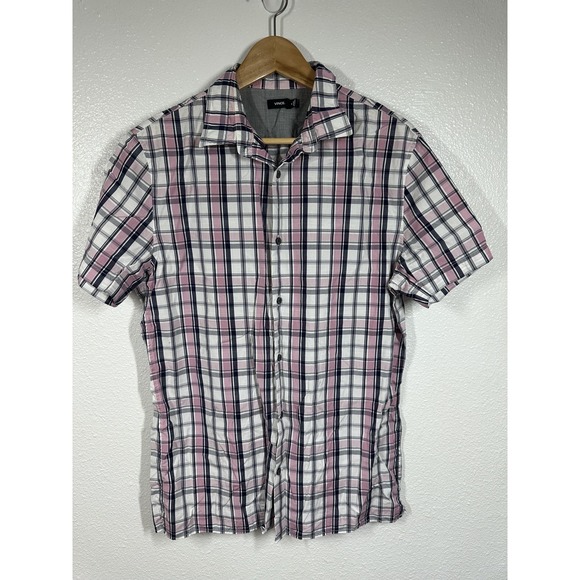Vince Shirt Mens Medium Pink White Navy Plaid Short Sleeve Button Up Casual - Picture 4 of 7